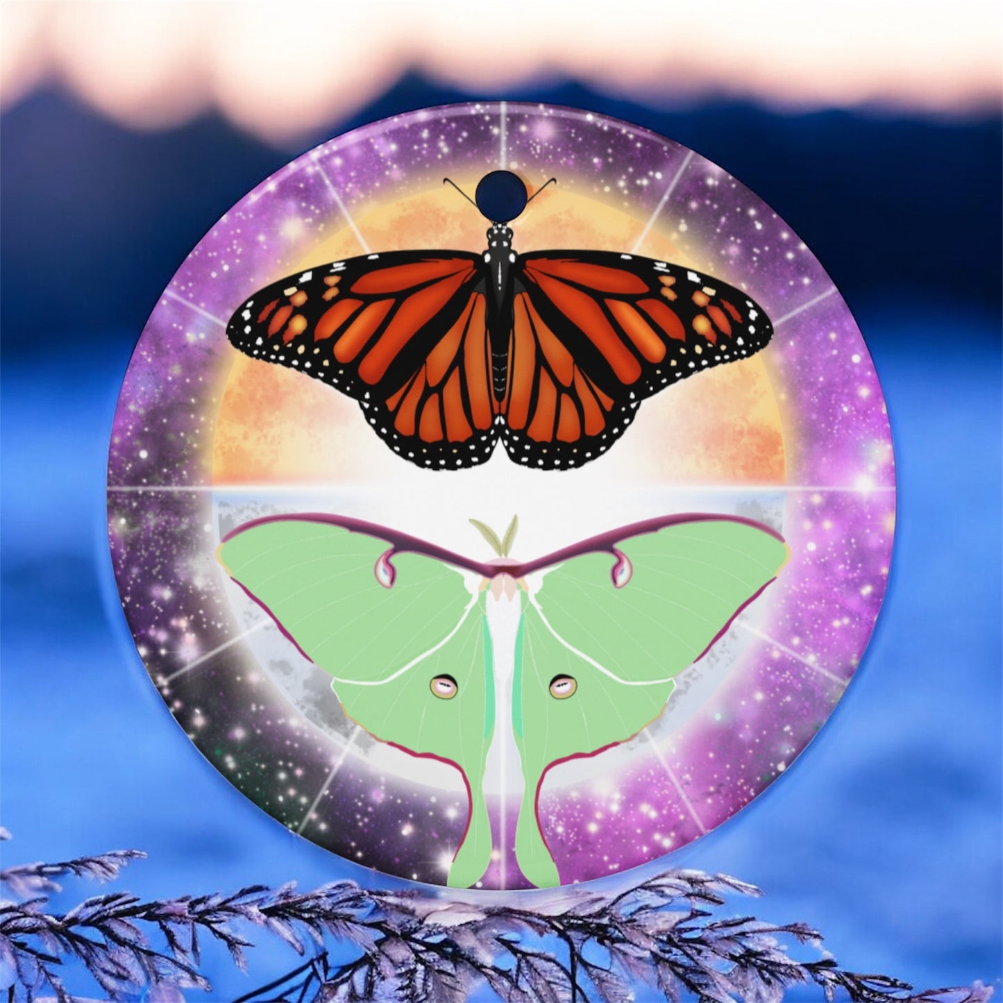 Monarch Butterfly • Luna Moth • Celestial • Double-Sided Ceramic Ornament